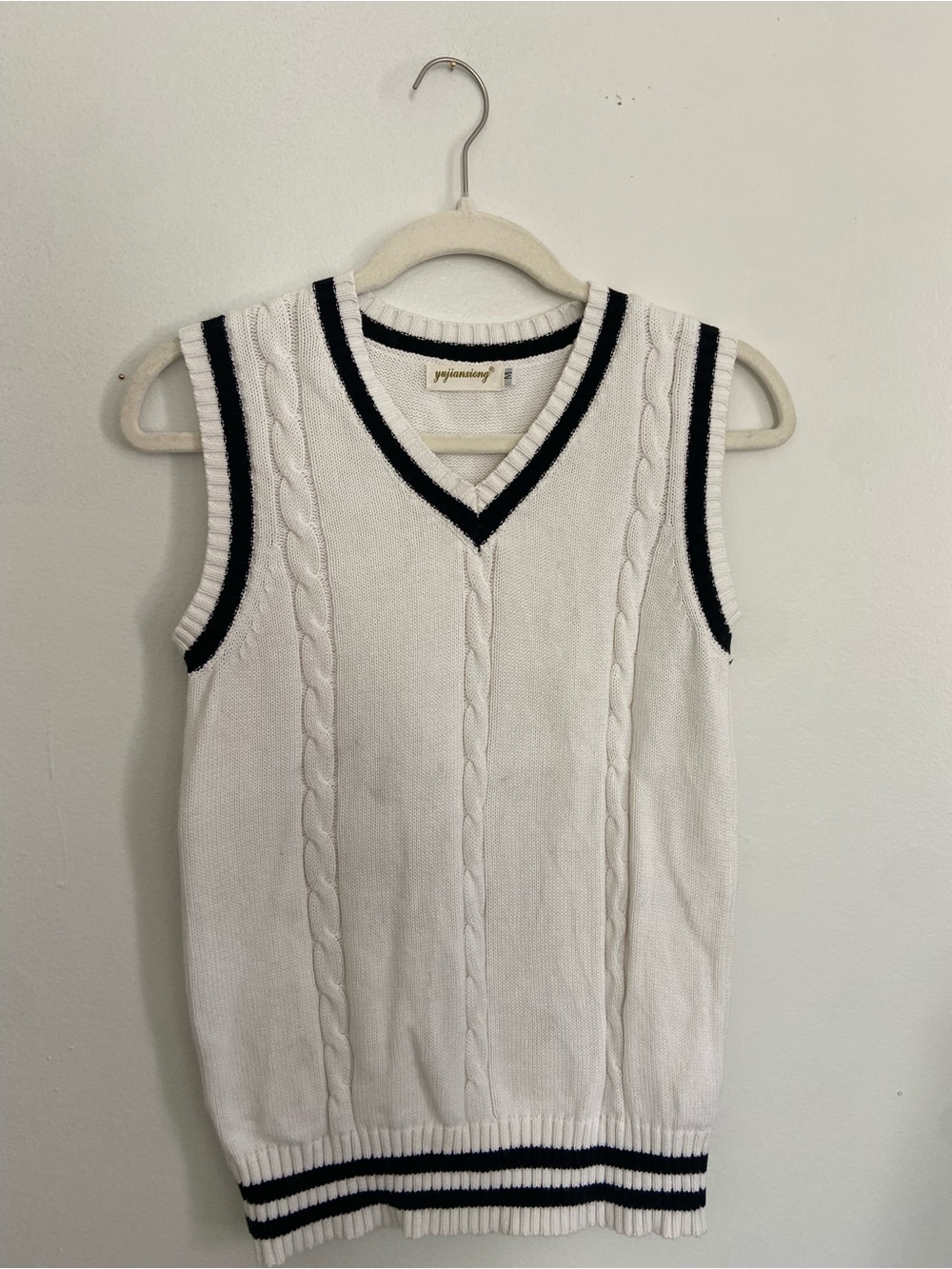 White Cable-Knit V-Neck Sweater Vest with Navy Trim